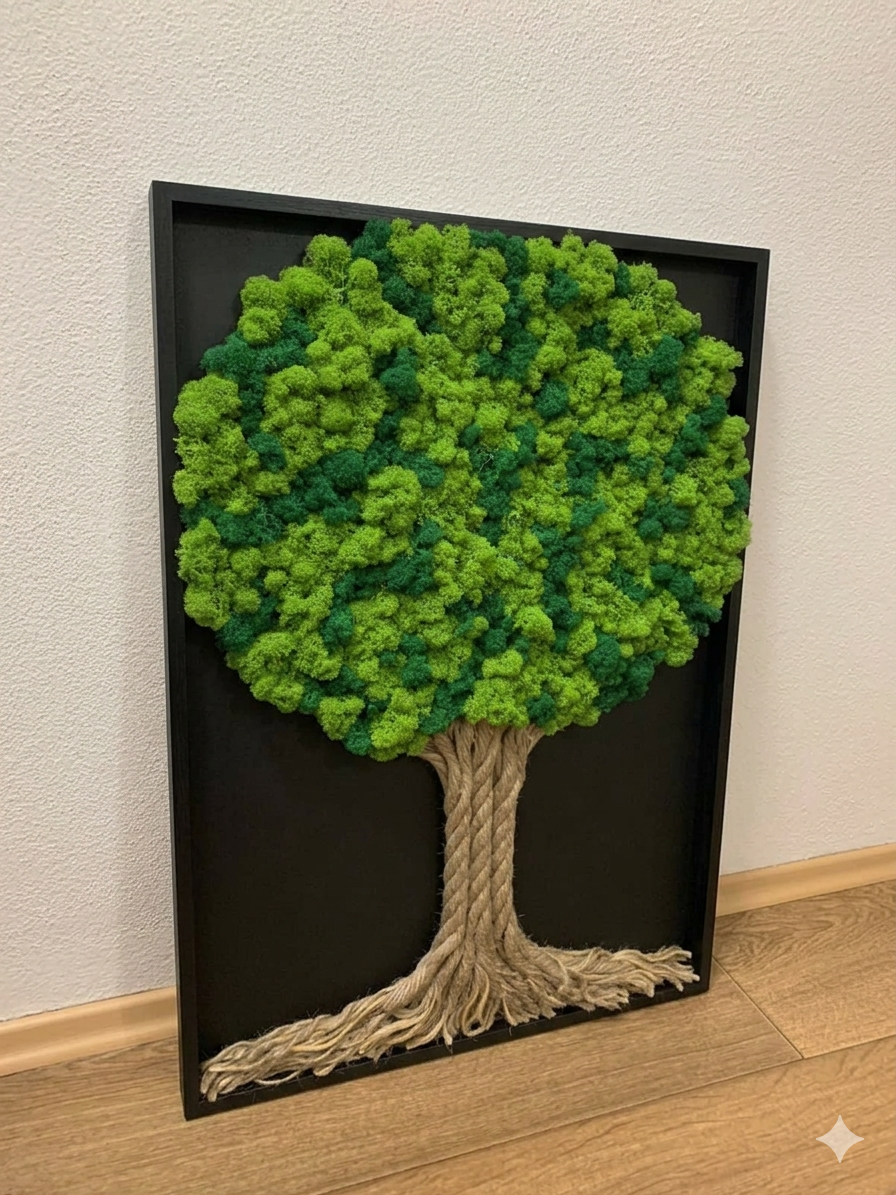 Machový strom života v ráme - čierna