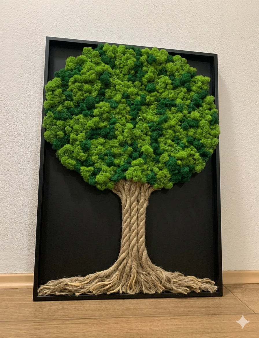 Machový strom života v ráme - čierna